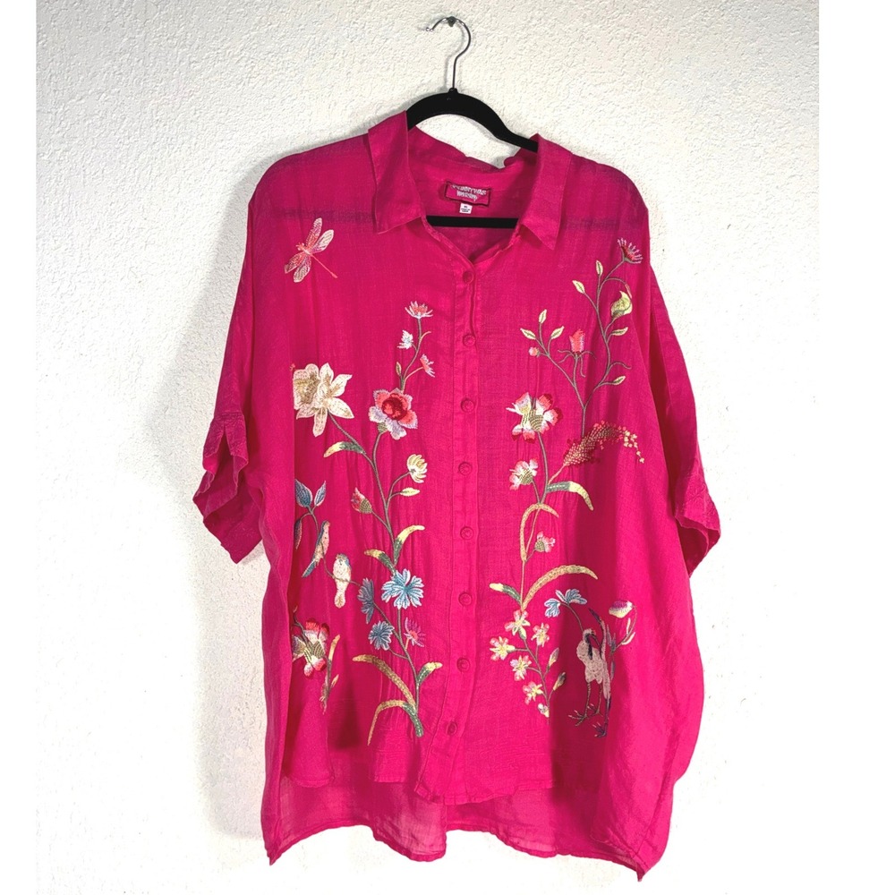 Johnny Was Workshop Fuchsia Pink Embroidered Ramie Button Down Shirt XL